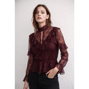 Express Burgundy Sheer Lace Ruffle Peplum Blouse S Y2K Grunge Coquette Mockneck